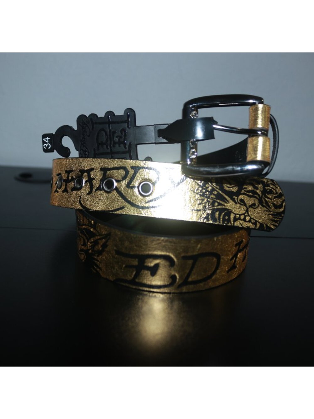 NWT Ed Hardy Unisex Graphic Y2K Leather Belt Gold Black Gold-Tone Size 34